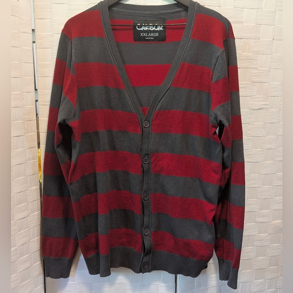 CARBON XXL Men's Red Gray Striped Sweater Cardigan Layers Grunge